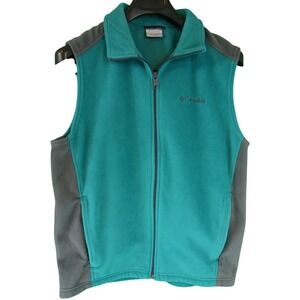 Columbia Mens Fleece Vest Teal Grey Full Zip AM1535 Hiking Outdoor Layer Medium